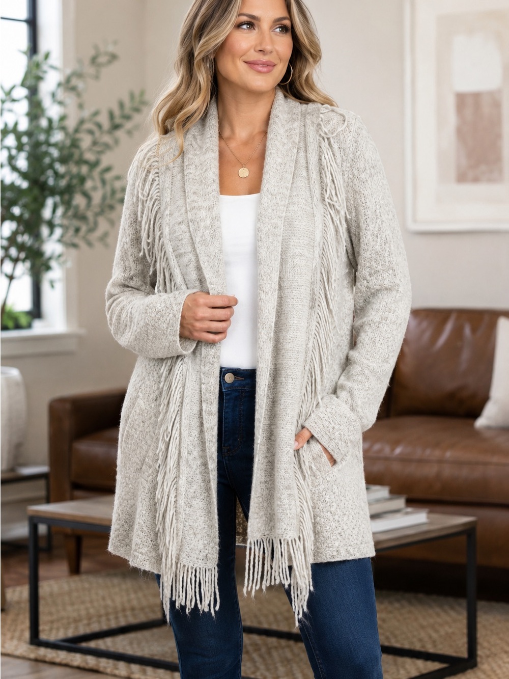 Dreamers by Debut Fringe Long Cardigan Sweater Oatmeal Gray L Boho